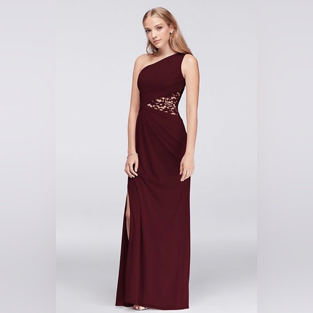one-shoulder mesh dress with lace inset